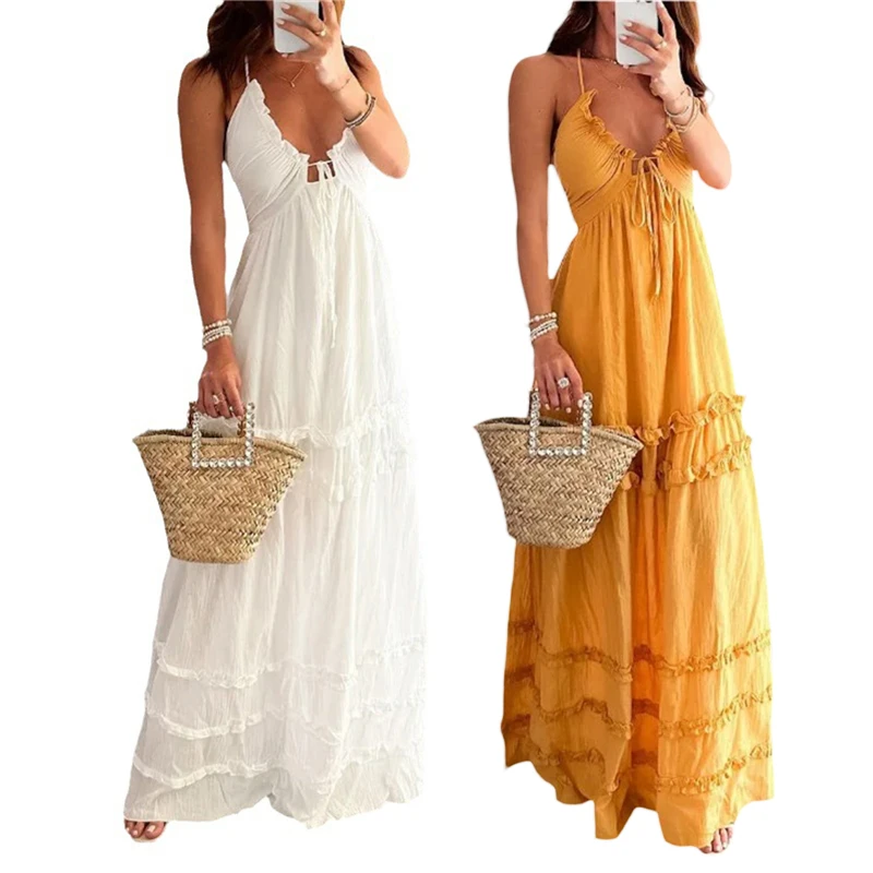 Women\'s Low Cut Tie Back Sleeveless Long Dress Elegant Ruffles Drawstring Flowy Dress Bohemian Summer Beachwear Dresses