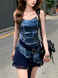 Aesthetic Y2k Slim O Neck Sling Dresses Women Summer Sexy Thin Off Shoulder Outfits Female Fashion High Waist Ruffle Dress 2024