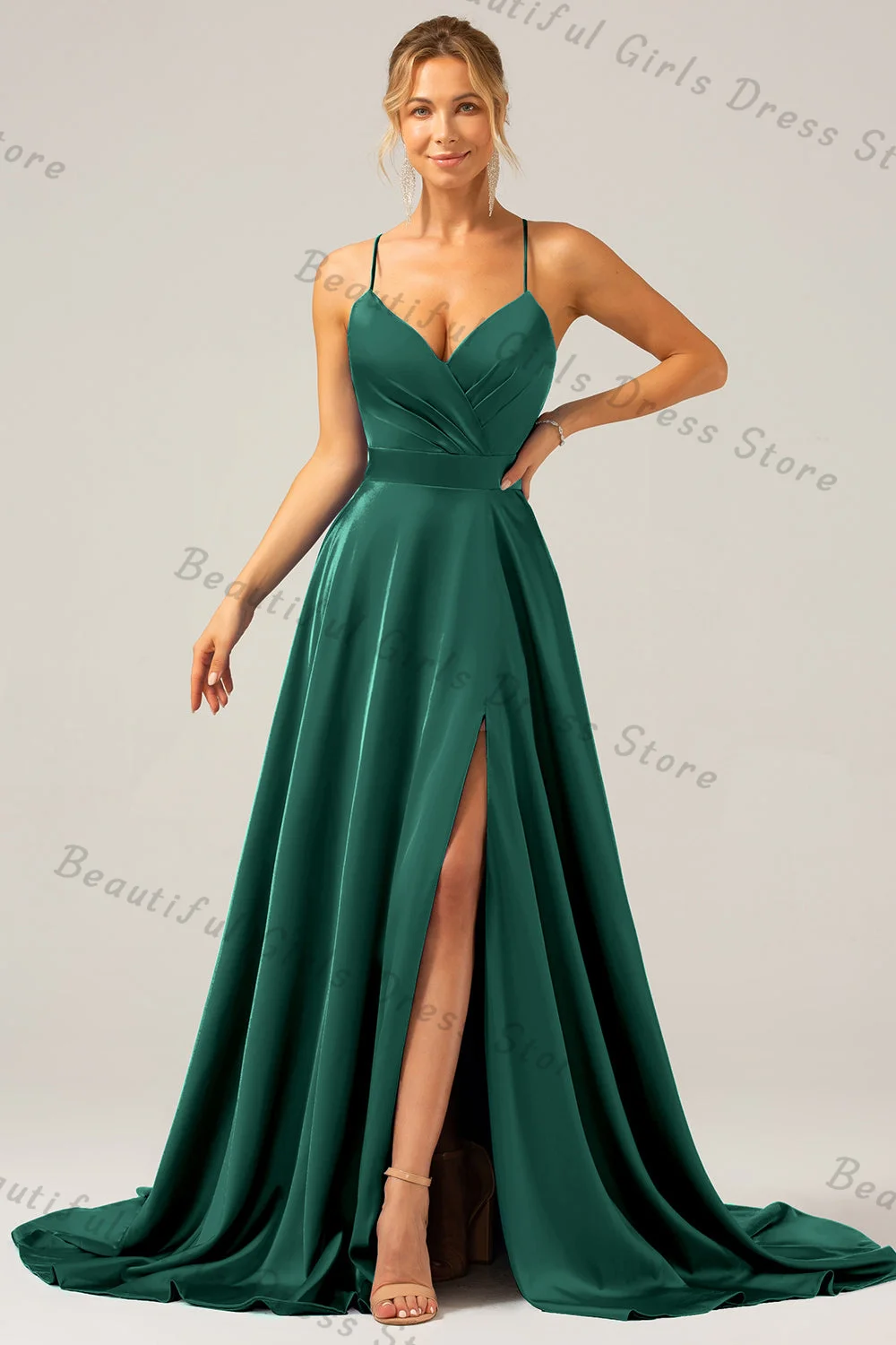 

Spaghetti Straps V-Neck Prom Dresses With Split Pleated Corset Sleeveless Evening Gowns Backless A-line Long Bridesmaid Gowns