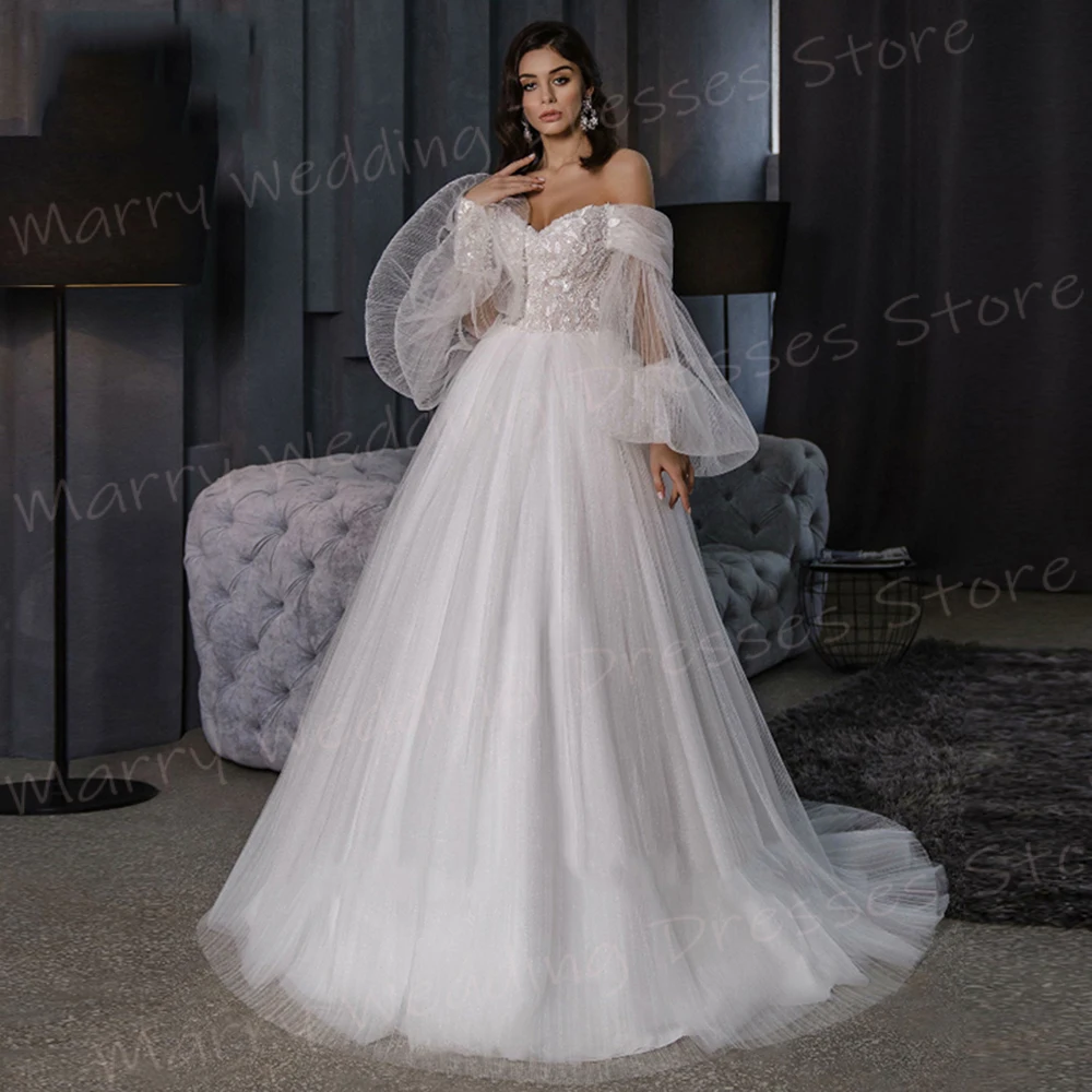 

Modern Graceful A Line Women's Wedding Dresses Classic Appliques Lace Bride Gowns Off The Shoulder Flare Sleeve Robe De Mariée