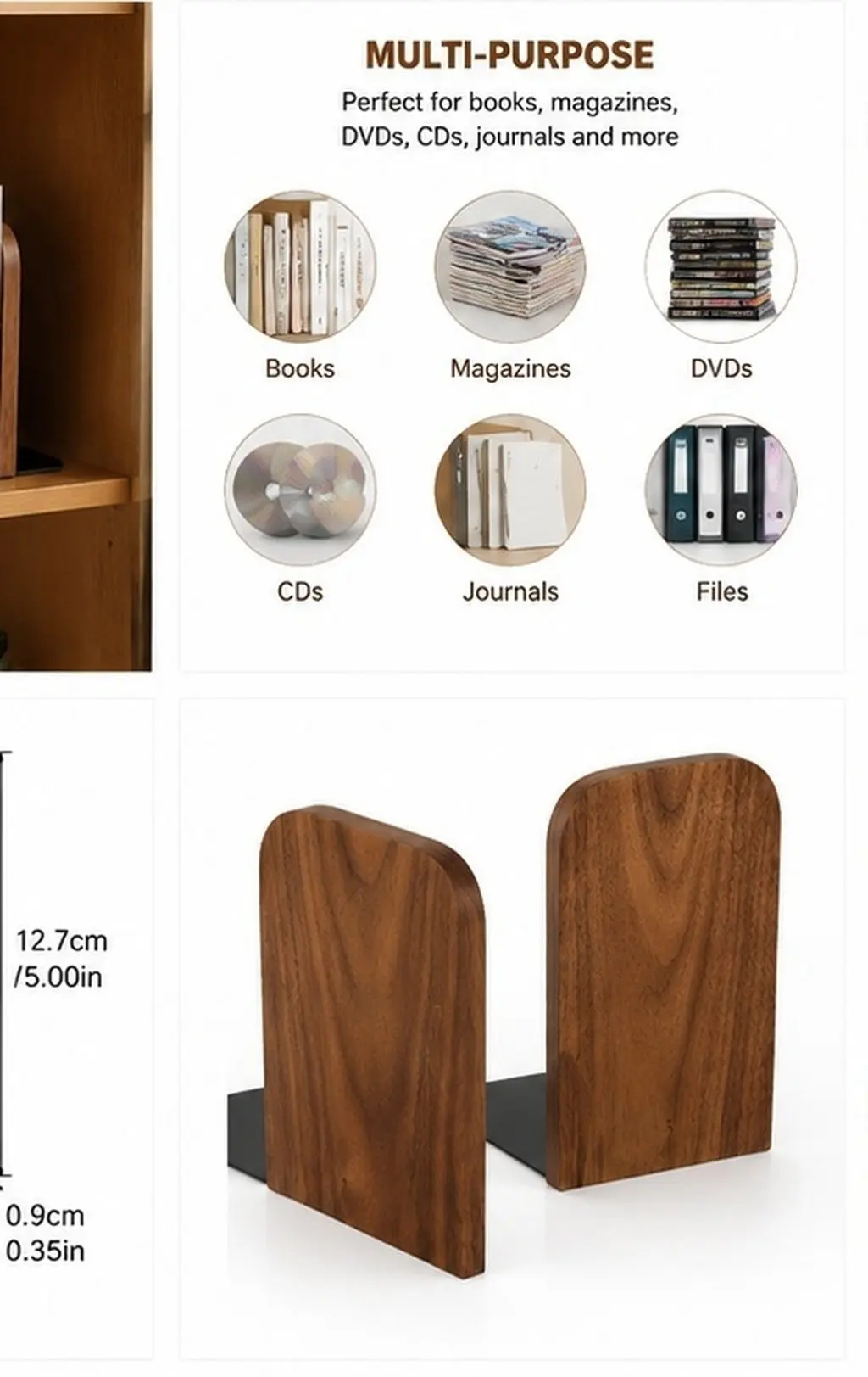2Pcs Wood Bookends Heavy Duty Nonslip Book Ends for Heavy Bookshelves Decorative Rustic Organizer Book Ends Decorative