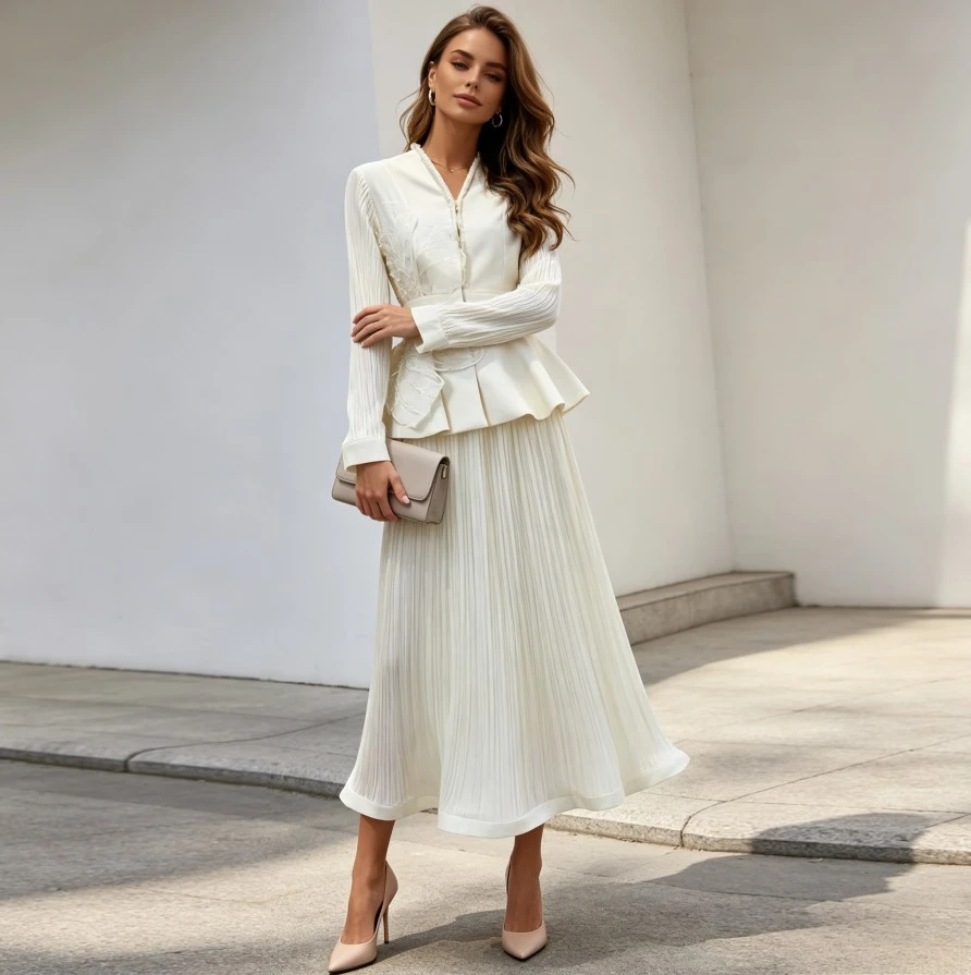 Muslim Skirt Set WomenTops Pleated Skirts V Neck Mesh Embroidery  A Line Tight Waist Two Piece Sets Splice Y2k Elegant 2026