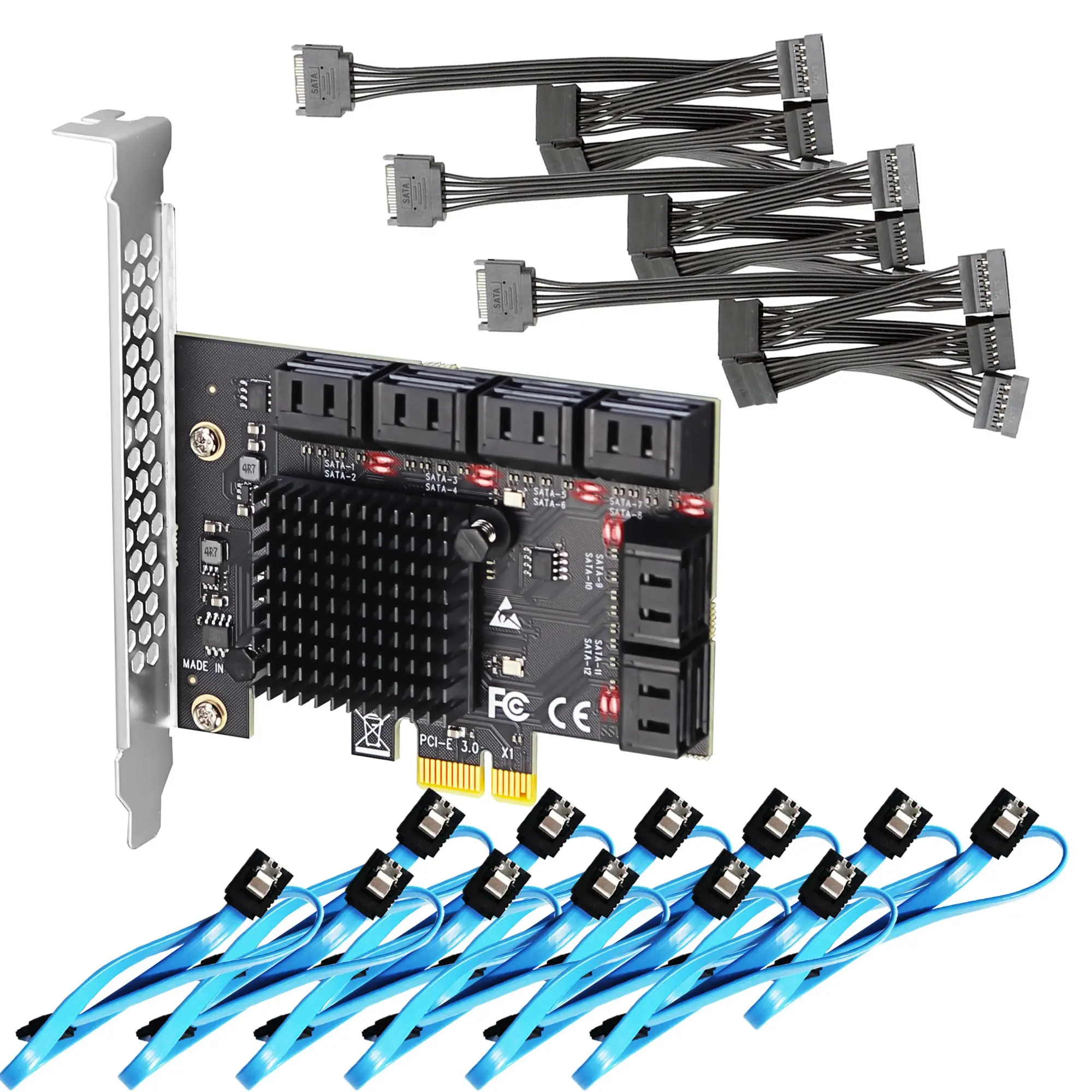 

PCIe SATA Adapter Card with 12 Port SATA III 6Gbps (Including SATA Cables and 1:5 SATA Splitter Power Cable)