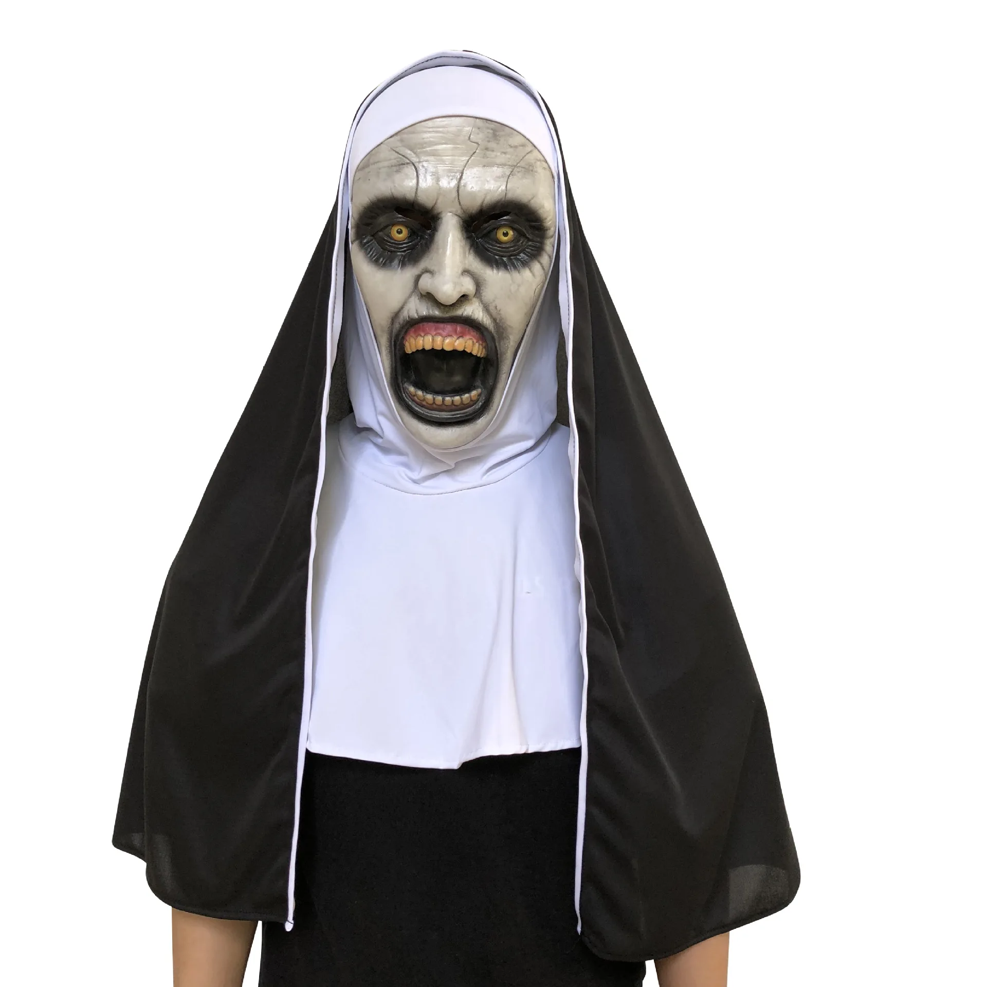 La Nun Horror Mask Cosplay Maschere spaventose in lattice con foulard Velo Cappuccio Casco integrale Costume Prop Carnevale di Halloween Vestire