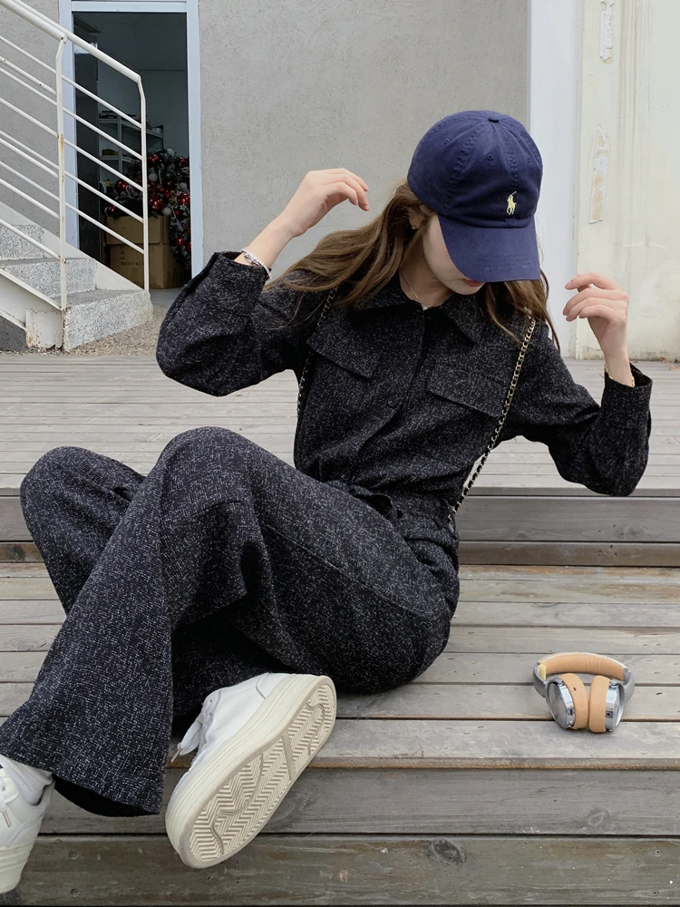 Kombinezon damski z szerokimi nogawkami i wysokim stanem, styl casual, koreański styl, wiosna 2025, efekt odmładzający, styl uliczny, jednoczęściowy.