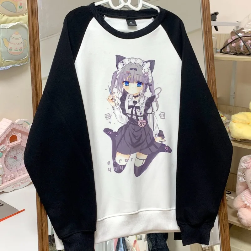 High Quality Cotton Raglan Sleeve O-neck Hoodies Japan Grunge Anime Girl Print Cute Sweatshirt Pullover Loose Oversized Pullover