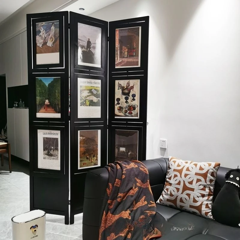 

Chinese retro solid wood photo frame screen wooden background wall folding window partition fashionable entrance decorative wall