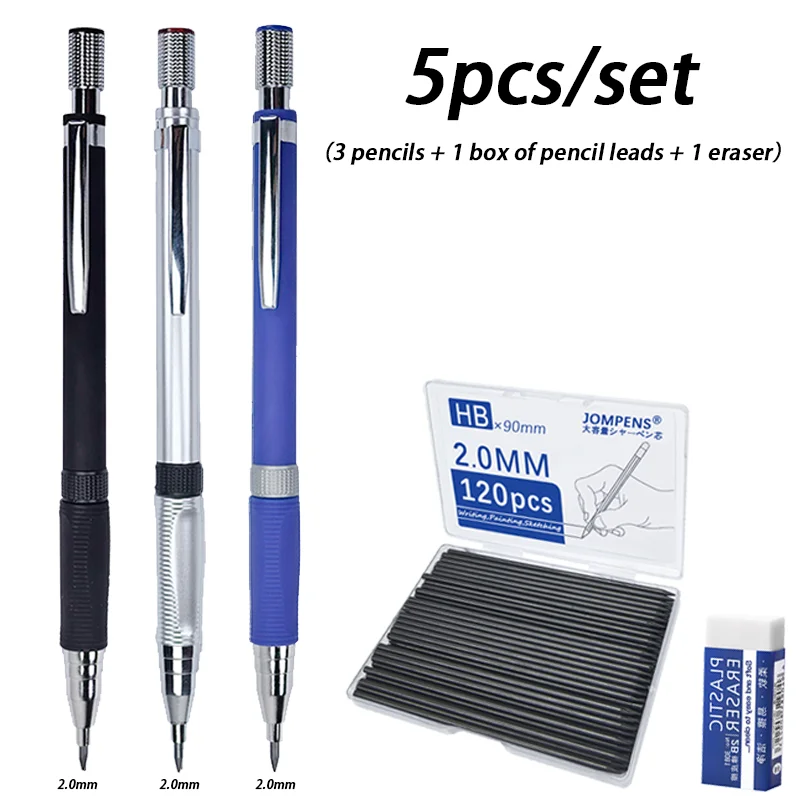Automatische potloden van 0,5/0,7/2,0 mm, voorzien van grote HB- of 2B-stiftpatronen voor soepel schrijven, ideaal voor schetsen en tekenen op school.
