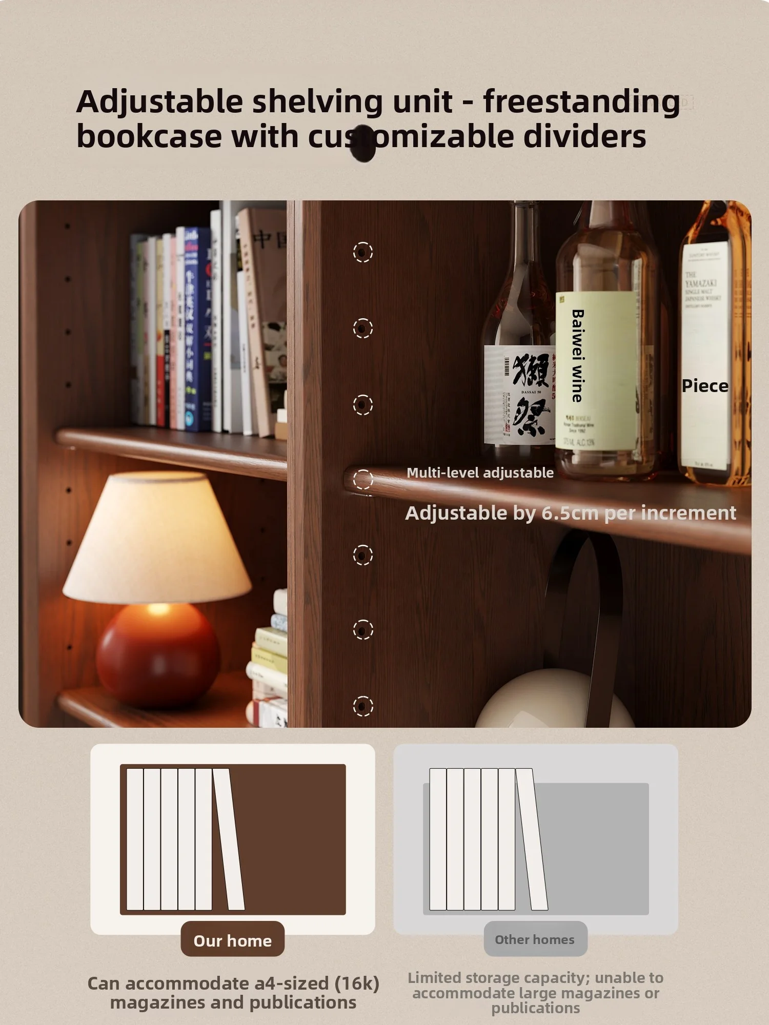 #Medieval Style Solid Wood Adjustable Shelves Floor-Standing Wall-Side Storage Bookcase 60x31x180cm All-in-One Display SG090