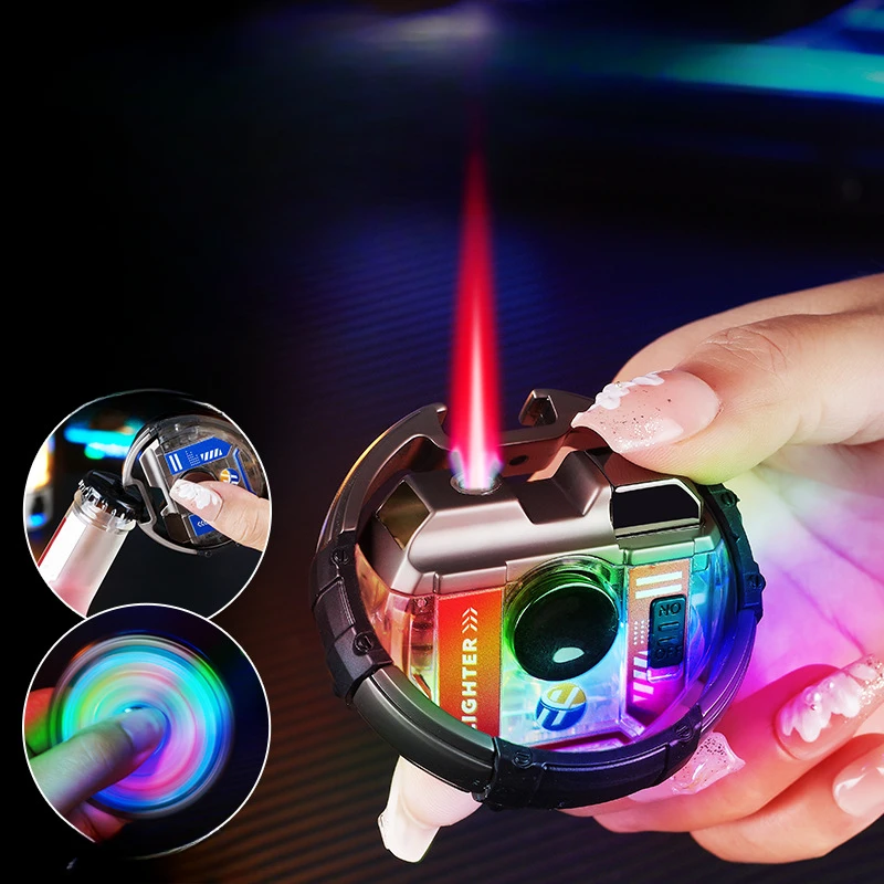 2024 New Light Emitting Mecha Fingertip Gyroscope Windproof Red Flame Lighter Cool Bottle Opener Butane Gas Inflatable Lighter