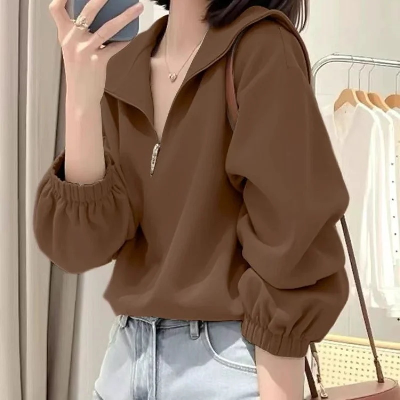 

Half Zipper Hooded Sweatshirt for Women's Retro Loose Shoulders Slim Casual Long-sleeved Top