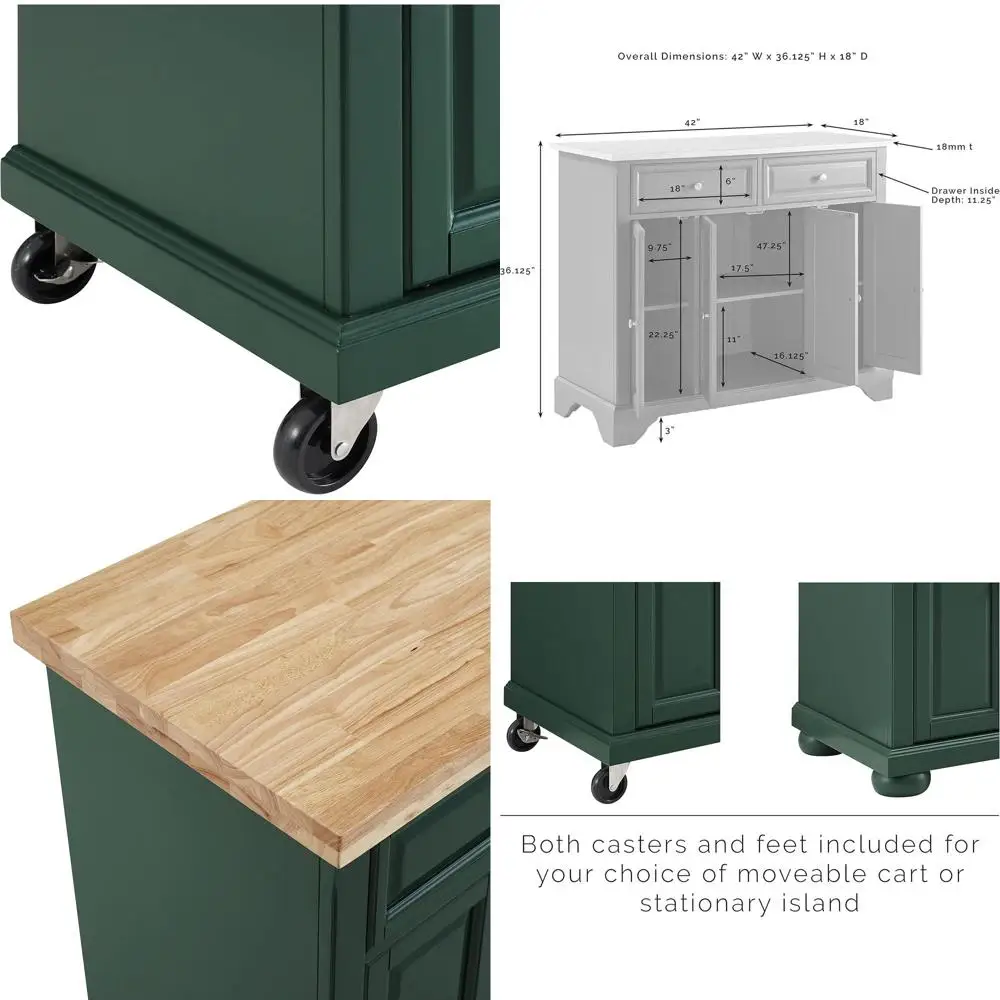 

Зеленая передвижная кухонная тележка с подставкой для микроволновой печи, кофейной станцией и полками для хранения