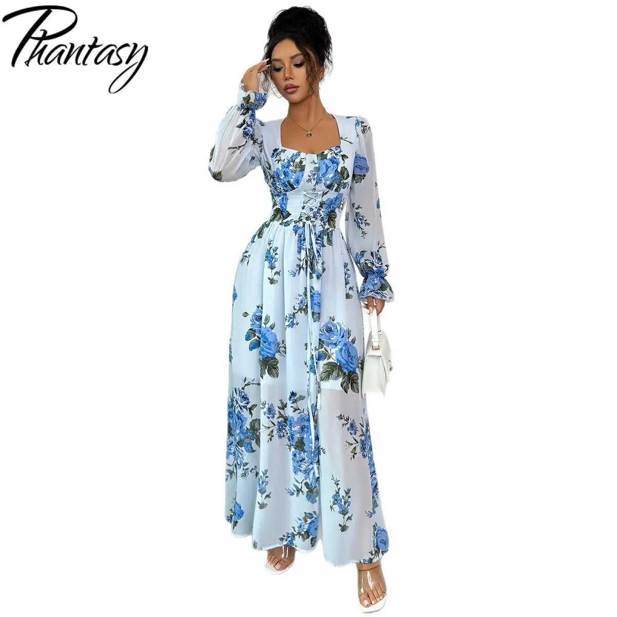 Fantasma estilo francês vestido moda u-pescoço manga comprida simples flor impressão sexy feminino vestido de dupla camada roupas femininas