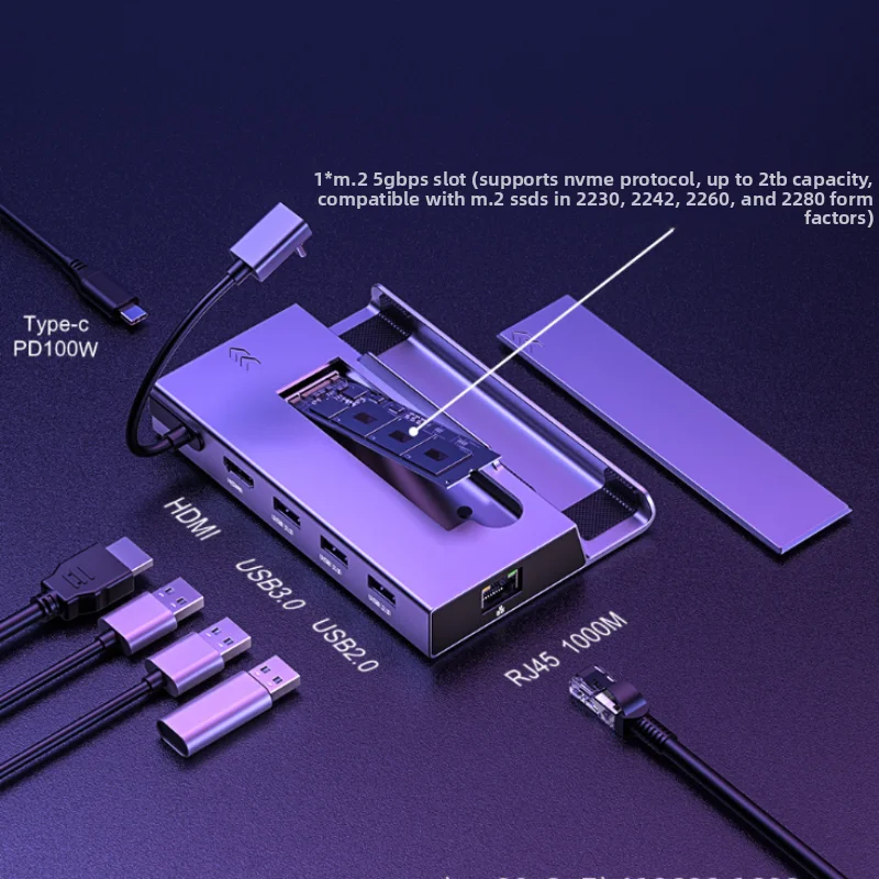 USB Type C 3.0 Hub Docking Station HDMI 4K 60Hz RJ45 Gigabit LAN 100W PD Rapid Charging M.2 SSD Bay for Game Console Switch Dock