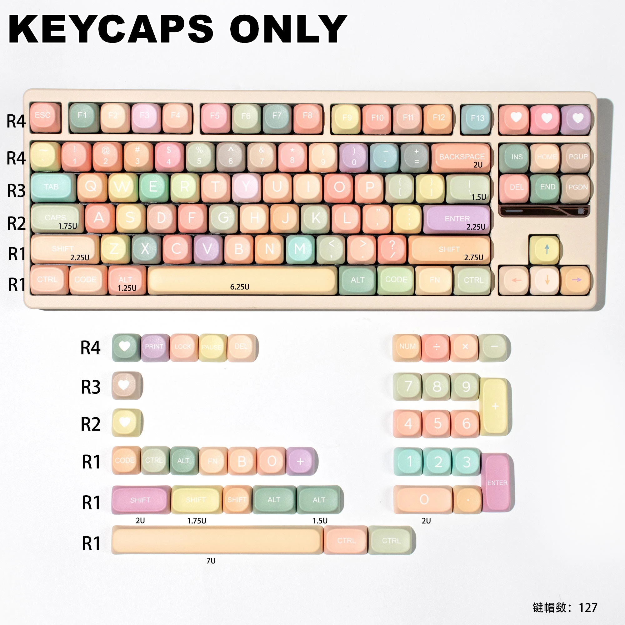 127 Keys Rainbow Light PBT Keycaps MOA Profile Dye-Sublimated Keycap Set for Mx Cherry Gateron Switch Mechanical Keyboard Kit