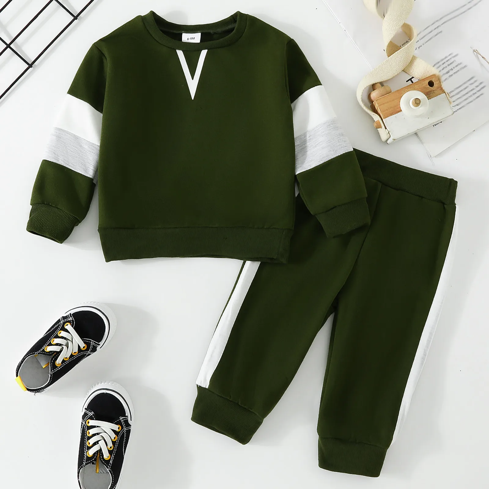 Baby Boy Contrast Colors Pant Sets Spring Autumn Clothes Warm Long Sleeve Sweatshirt and Elastic Sweatpants 2 Piece Track Suit