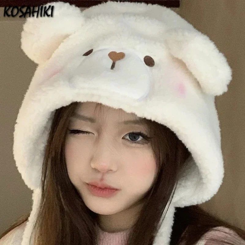 2024 Winter Cartoon Little Bear Women Thickening Warmth Hats Fashion Fairy All Match Streetwear Cap Y2k Preppy Girl Kawaii Hat