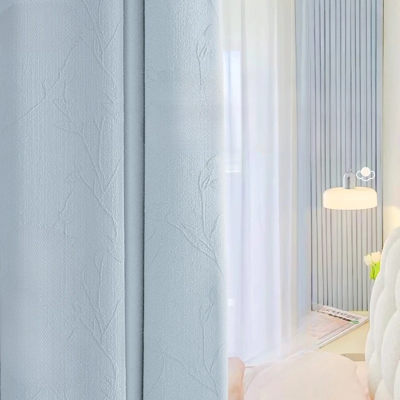 

French Dream Elegant Milk Blue Chenille Shading Window Curtains Warm Texture of Plant Jacquard Curtains for Living Room Luxury