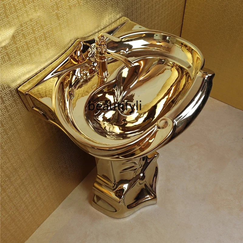 

Golden relief art column basin wash basin, floor-to-ceiling balcony, ceramic gold wash table