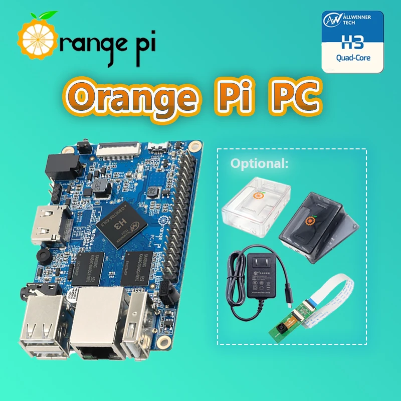 Orange Pi PC H3 1GB Quad-Core, zwart/witte behuizing, 5V3A Type-C EU/US-voeding, 2MP camera Optionele ondersteuning Android, Ubuntu, Debian