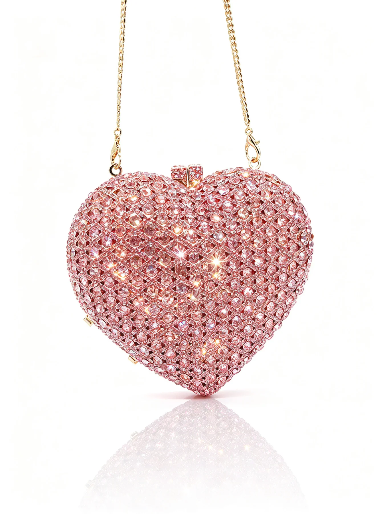 Pink Crystal Heart Shaped Women's Clutch Bag with Full Rhinestone Gold Chain Shoulder Crossbody Handbag for Wedding Party Luxury