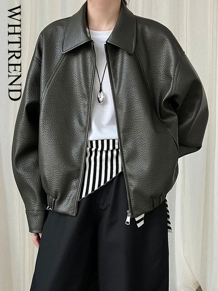 

WHTREND Korean Style Classic Motorcycle Leather Jacket For Women Autumn New Basic Zipper Coats WH1228