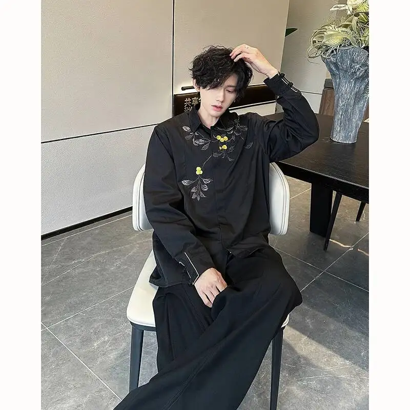 Style Men's Chinese Shirt Cherry Embroidery Deconstructed Cuff Long Sleeve Casual Streetwear Top RSD0