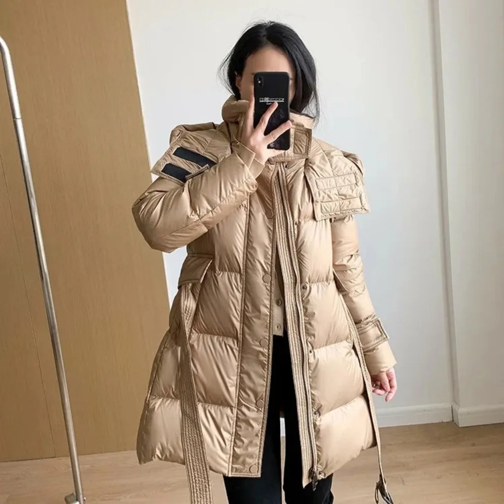 Down Jacket women 2024 New Autumn Winter Coat Women Hooded Long Jacket with Belt Female Thick Warm Loose Down Parka Outerwear