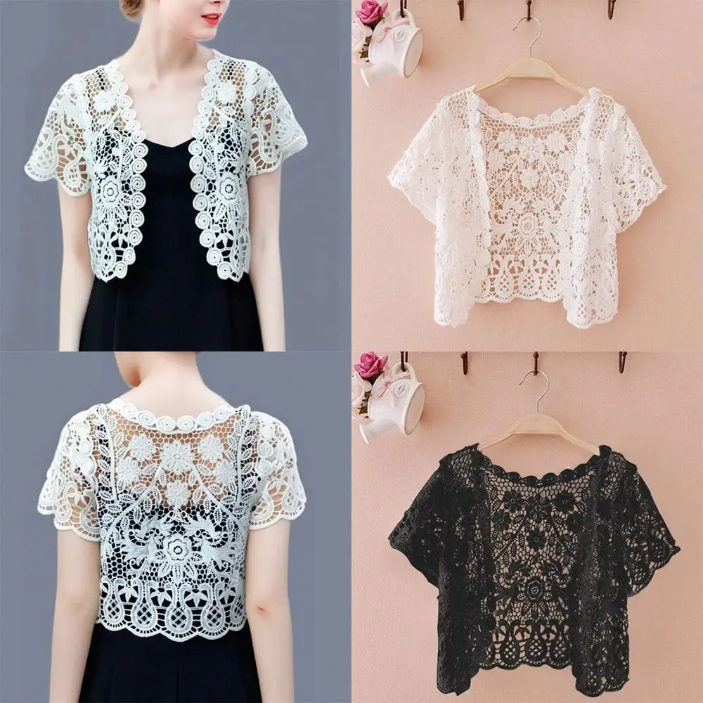 Elegant Black/White Bridal Summer Jacket Crop Style Open Front Lace Cape Short Sleeve Floral Pattern Knit Vest for Women