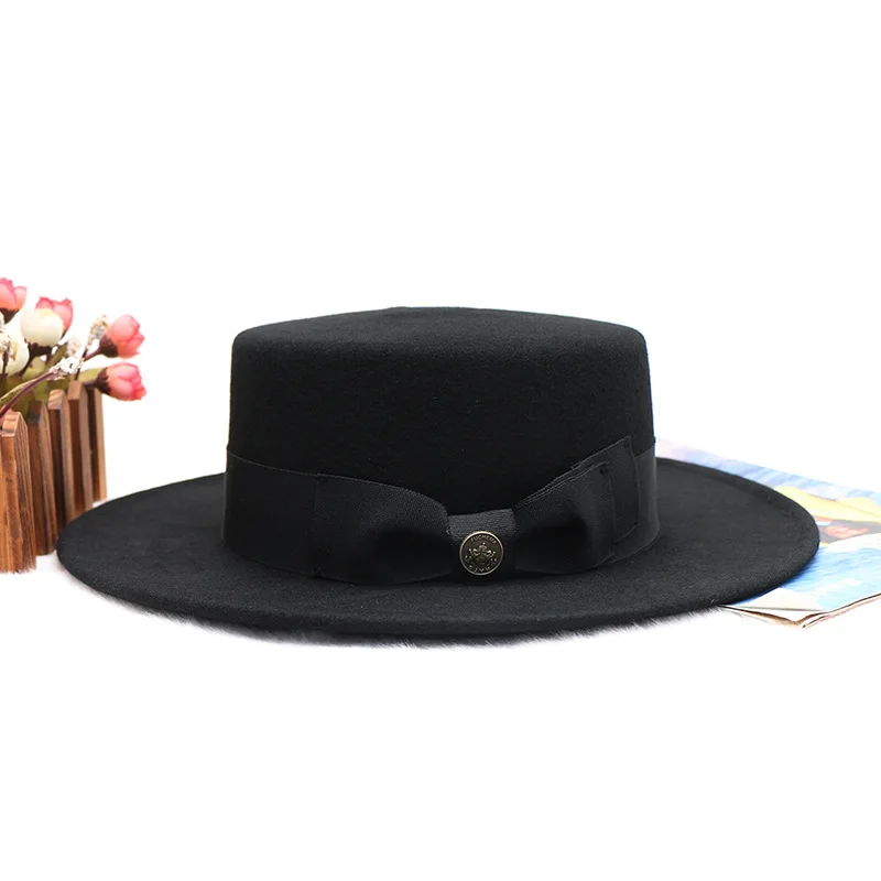 Black Flat Flat Brim Retro Wool Top Hat Female Winter All-matching Warm French New British Woolen Hat Felt Cap