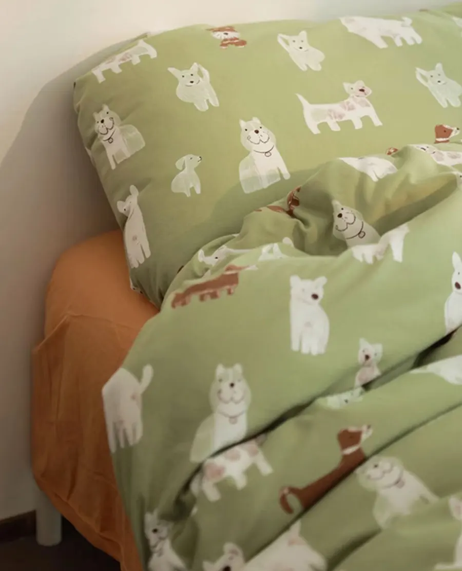 Cute cartoon dog green bedding set 1.5 1.8 2.0,full queen king knit kawaii cotton home textile bed sheet pillow case quilt cover