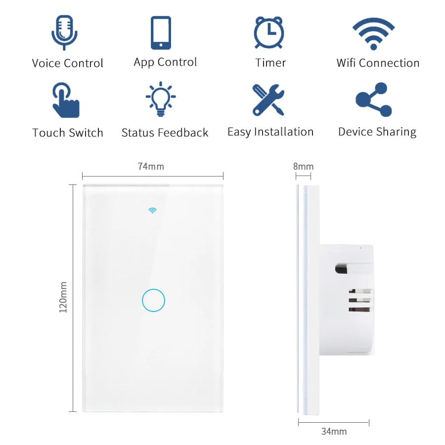 AMMTOO Tuya WiFi Smart Light Switch US 120 Type Wireless Wall Touch Panel 1/2/3 Gang Support Alexa Google Home Smart Life