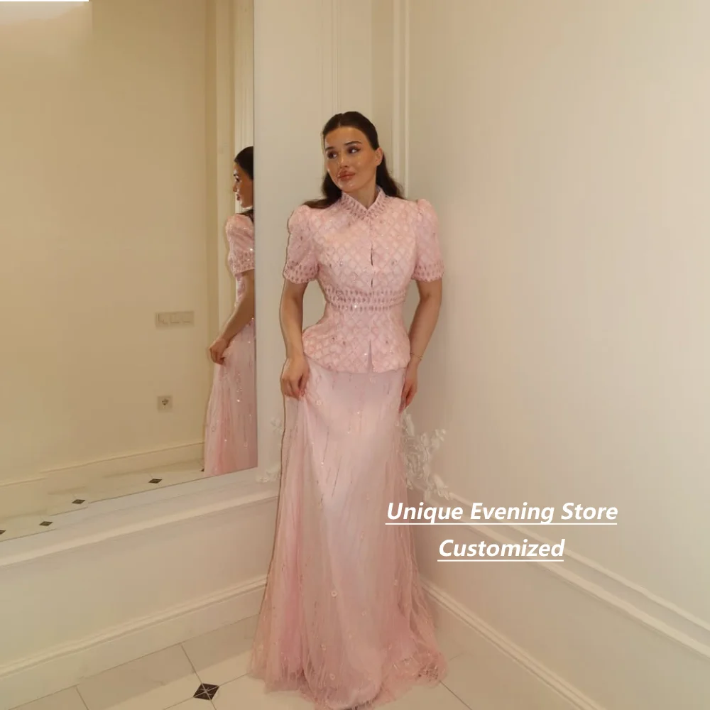 Customized Pink Two Piece Mother of the Bride Dresses High Collar Puff Sleeve Sequin Tulle Formal Wedding Guest Dress