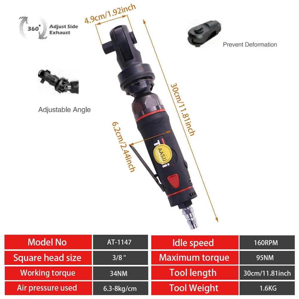 Aasjj空気圧ラチェットレンチ、プロフェッショナルプライヤー、最大トルク出力、95フィート、160 rpm、3/8 "ドライブ