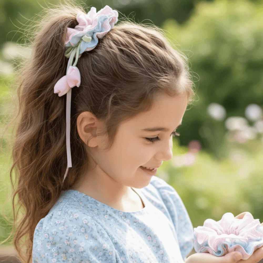 Floral Tulip Hair Scrunchie Multicolor Elastic Ribbon Hair Tie Handmade-feel Durable Kids Bun Maker Party