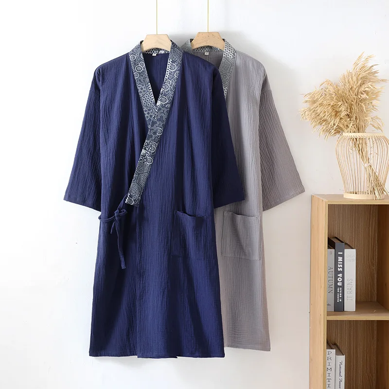 Kimono Men Robe 100% Cotton Nightdress Gauze Hanfu Robe Thin Summer Nightgowns For Mens Sauna Suit Large Size 100KG Wear