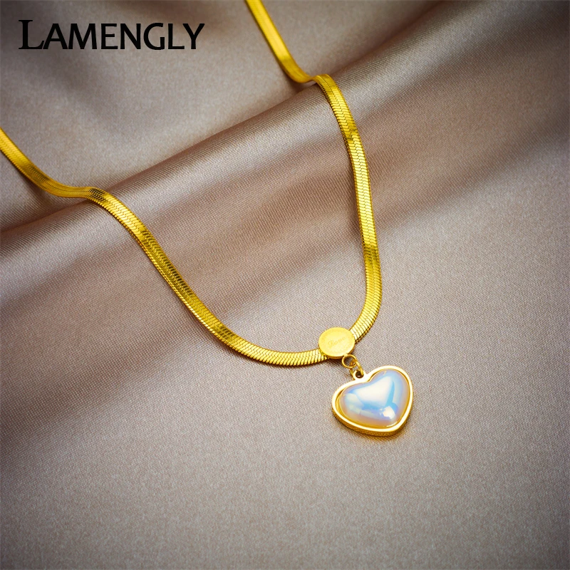 LAMENGLY 316L Stainless Steel Large Heart Shaped Pearl Pendant Necklace For Women New Trend Girls Flat Snake Chain Jewelry Gifts