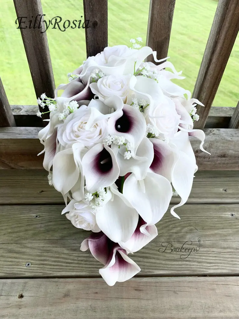 

EillyRosia Teardrop Wedding Bouquet for Bride White Roses Baby's Breath Purple Calla Lily Cascading Drapes Bridal Bouquet