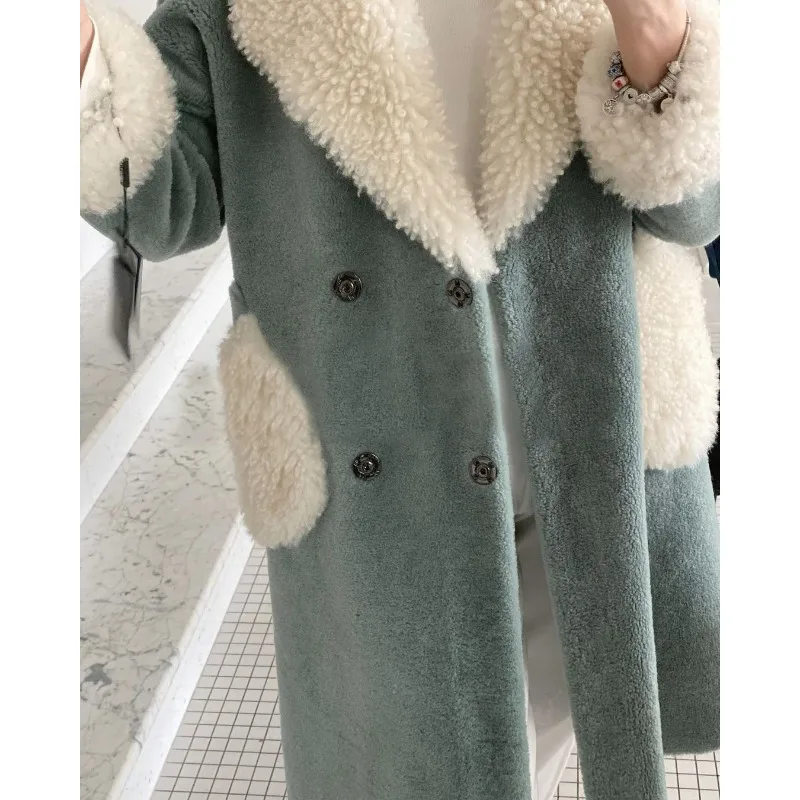 

Europe America Women's Clothing Autumn And Winter Lamb Wool Lapel Pocket Simple Fashion Warm Faux Fur Long Coat