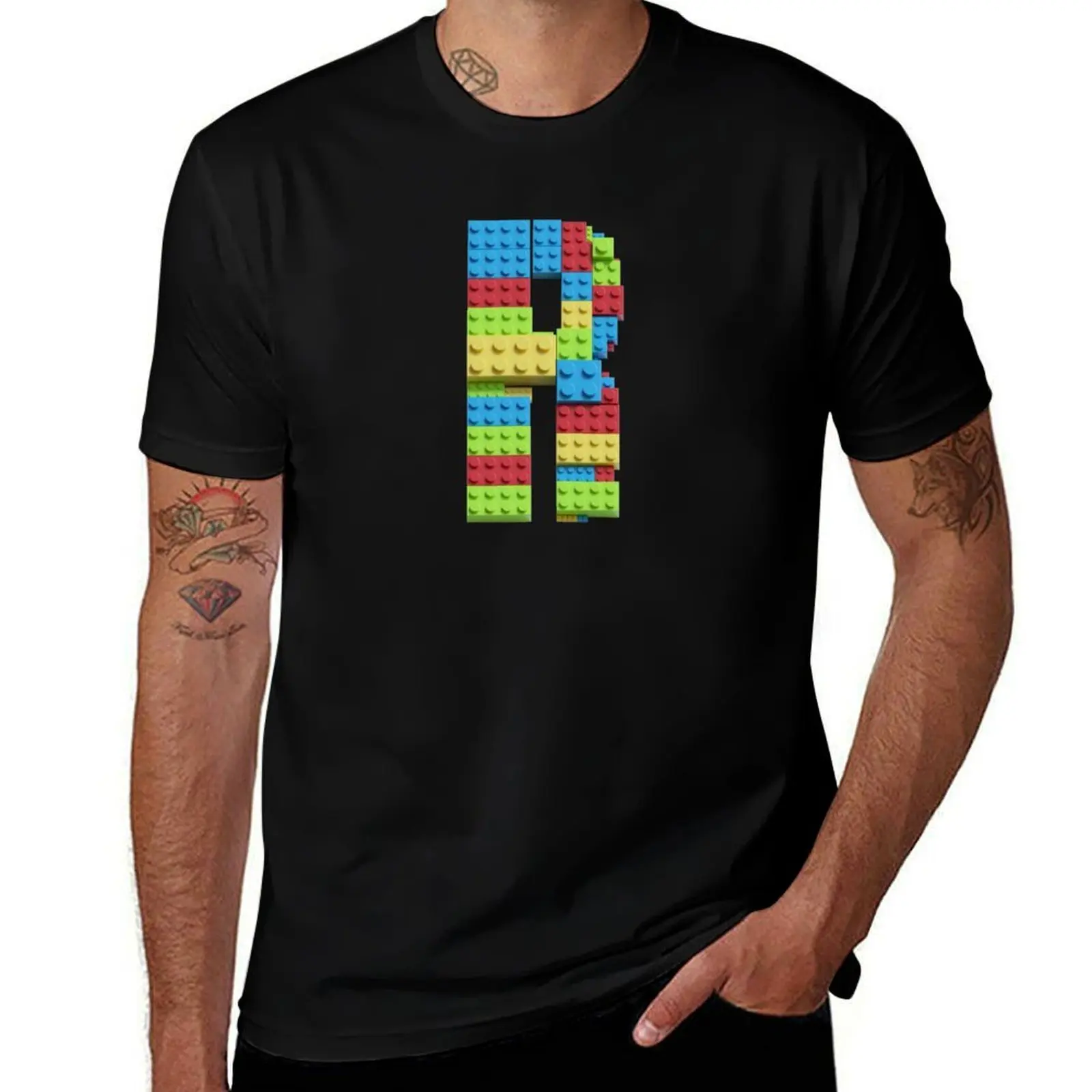 Building Brick Initial R in Primary Colors T-Shirt Large Size Short Sleeve T-Shirt