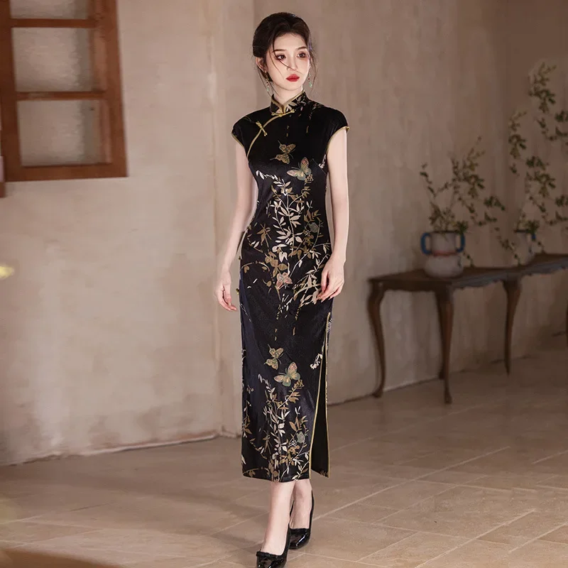 

Толстая зимняя одежда, длинное китайское стильное повседневное улучшенное платье Cheongsam для молодых женщин в стиле ретро с длинными рукавами, платье Qipao