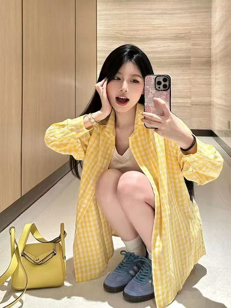 

Chic Yellow Plaid Women's Sun Protection Shirt Spring Loose Casual Design Sense Unique Top Breathable Skin-friendly Retro Sty...