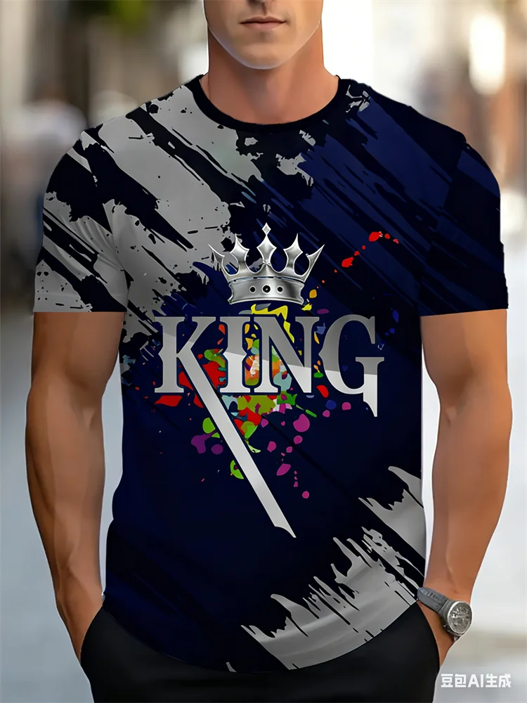

Funny Colorful Crown Printed Men's T-shirt 3D King Letter Pattern Men Clothing Leisure Fashion Trend Crew Neck Short Sleeve Tee