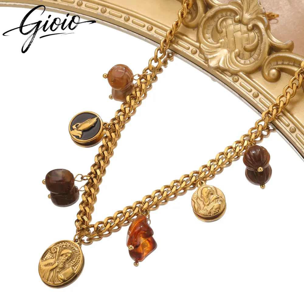 

GIOIO Stainless Steel Saint Benedict Pendants Necklace For Women Resin Charms Gold Jewelry Religion Necklace Handmade Choker