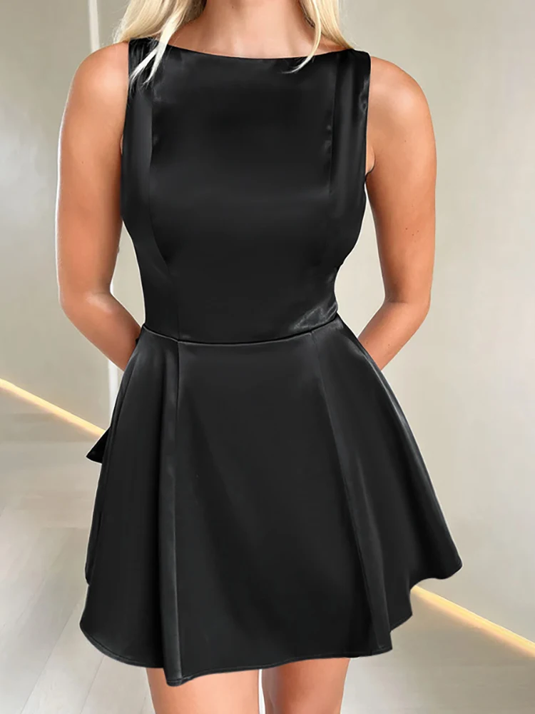 Fantoye Sexy Backless A-line Bow Women Dress Black Sleeveless High Waist Dress Femme Summer Slim Elegant Party Club Outfits 2025