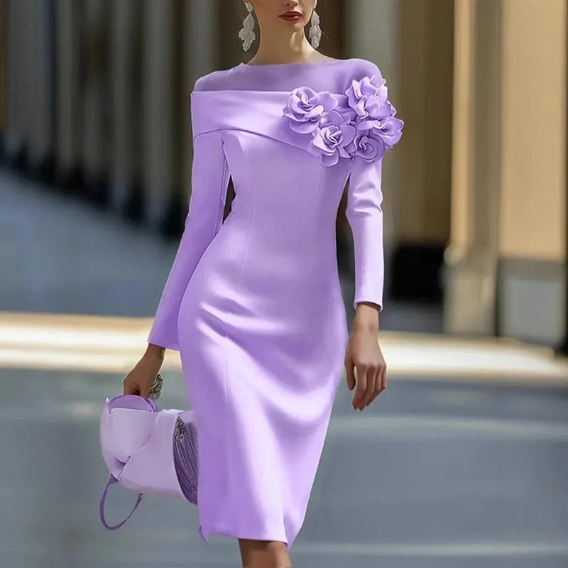 Moda 3d flor slash neck manga longa vestido de noite mulher elegante emendado malha magro bodycon vestido novo outono sólido sexy vestido