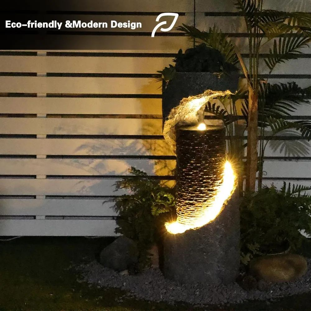 Fuente de agua en espiral de 35,4 ", suelo de pie con luces Led y tira de luz para decoración artística del hogar, Patio trasero, piscina, baño de aves