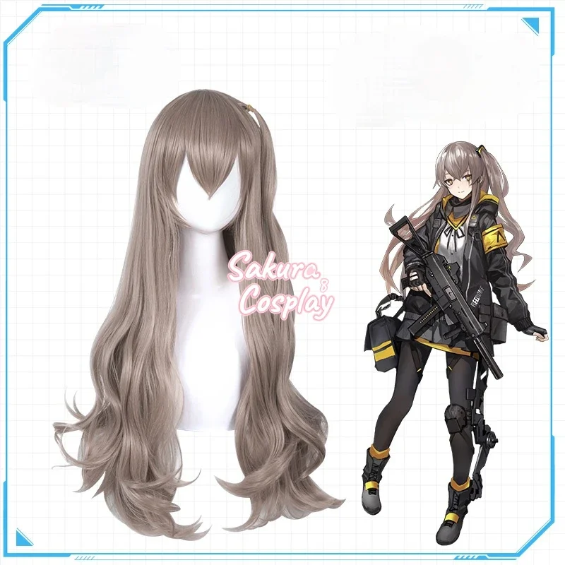 Girls Frontline Ump45 UMP9 Cosplay Costume Long Curly Heat Resistant Synthetic Hair Halloween Costume Party Role Play + Wig Cap