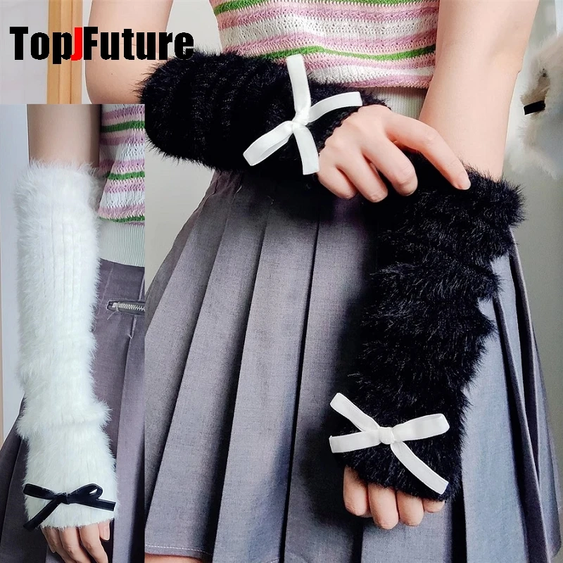 Subculture Women Men Gothic Lolita Glove Arm Cover Harajuku arm warmers Y2K Girl Plush black white bow keep warm Arm Warmers