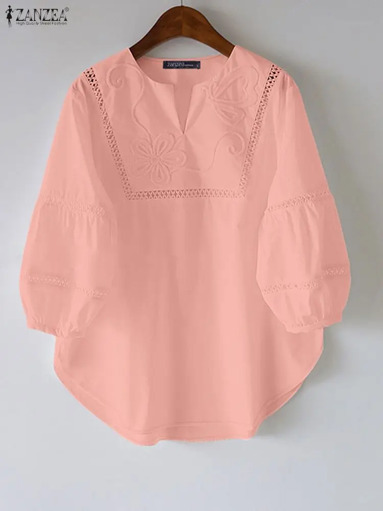 Vrouwen Geborduurde Blouse 2025, ZANZEA Herfst Kanten Overhemd Elegante V-hals 3/4 Mouwen Tops Casual Solid Werk Blusas Mujer Femme